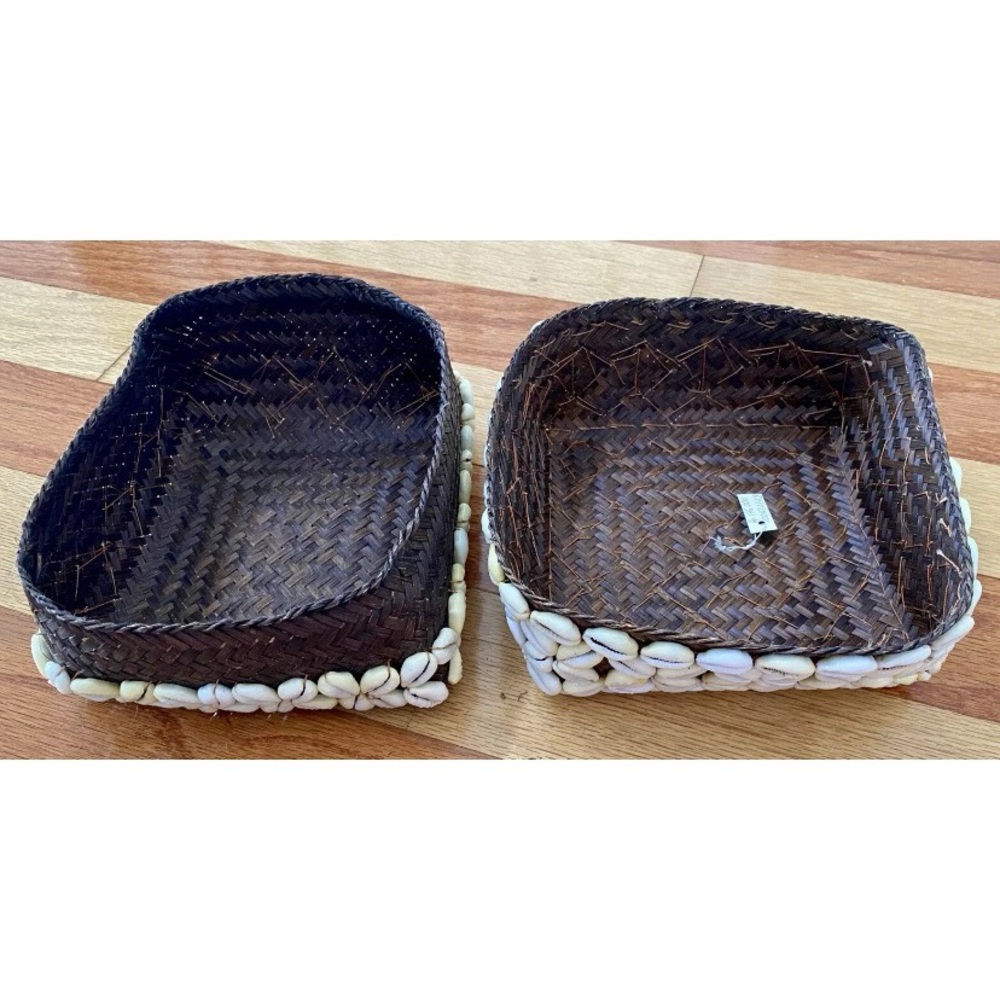 VINTAGE AFRICAN 7" 17cm SQUARE BASKET LIDDED STORAGE BOX COWRIE SHELLS MAURITIUS - Picture 5 of 7